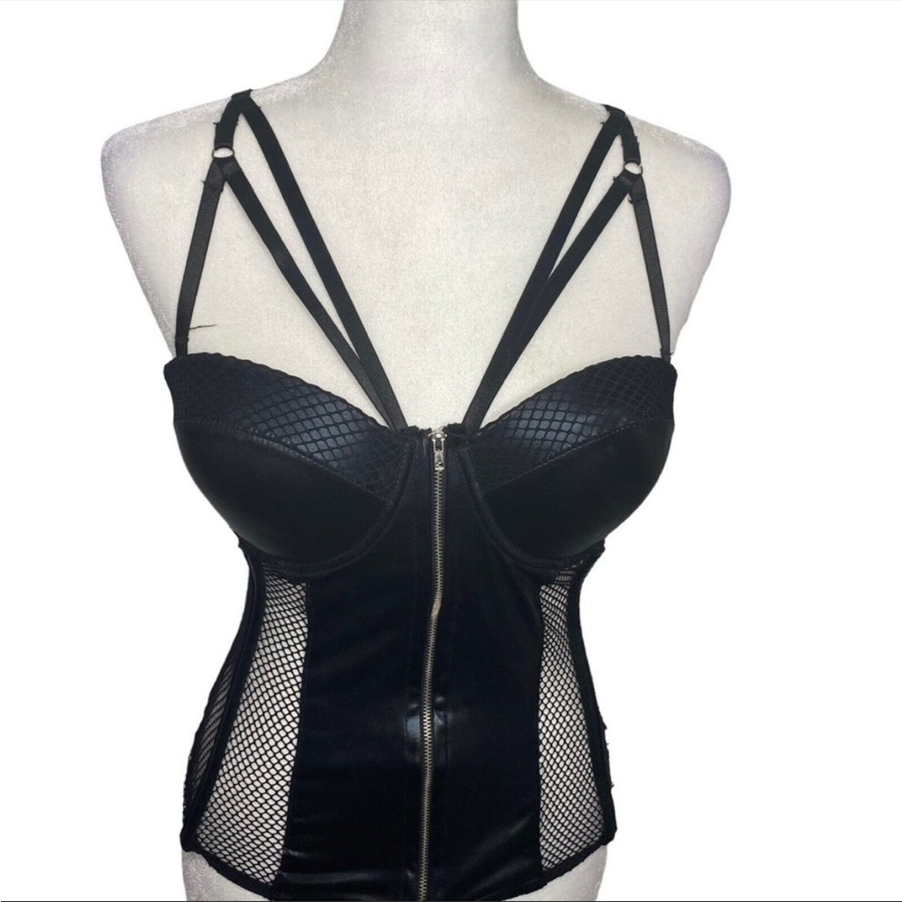 Body Rage Black Mesh Faux Leather Bustier Lingerie Set Size Large Runs Corset